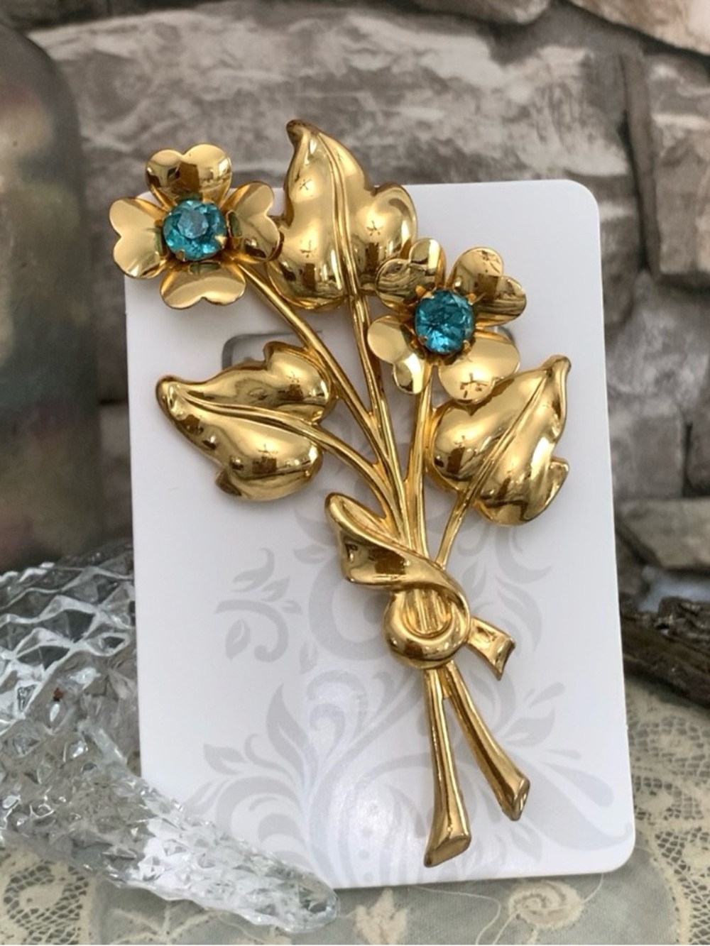 Vintage Signed Coro Art Deco Glass Blue Rhinestone Flower Gold Metal Brooch Pin